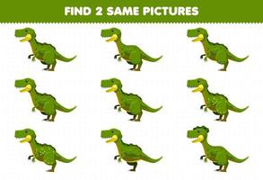 juego educativo para niños encuentra dos imágenes iguales dinosaurio prehistórico de dibujos animados lindo yangchuanosaurus vector