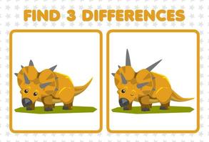 Education game for children find three differences between two cute prehistoric dinosaur xenoceratops vector