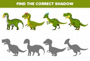 juego educativo para niños encuentra el juego de sombras correcto de lindo dinosaurio verde prehistórico de dibujos animados vector