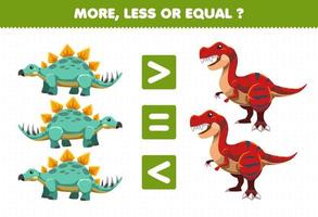 Education game for children more less or equal count the amount of cute cartoon prehistoric dinosaur stegosaurus and tyrannosaurus