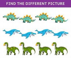Education game for children find the different picture in each row cartoon prehistoric dinosaur stegosaurus mosasaurus gryposaurus