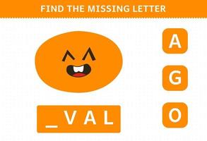 Education game for children find missing letter cartoon geometric shape oval worksheet vector