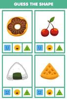 juego educativo para niños adivinar la forma figuras y objetos geométricos círculo donut cereza triángulo onigiri waffle hoja de trabajo vector