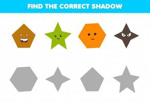 Education game for children find the correct shadow set of cute cartoon geometric shape pentagon star hexagon vector