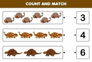 Education game for children count and match count the number of cartoon prehistoric brown dinosaur and match with the right numbers printable worksheet vector