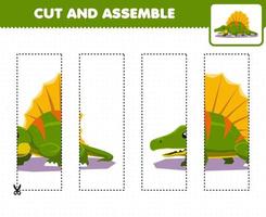 Education game for children cutting practice and assemble puzzle with cartoon prehistoric dinosaur dimetrodon vector