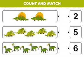 Education game for children count and match count the number of cartoon prehistoric green dinosaur and match with the right numbers printable worksheet vector