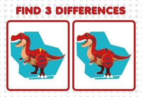 Education game for children find three differences between two cute prehistoric dinosaur tyrannosaurus vector