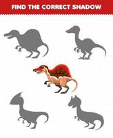 juego educativo para niños encontrar la sombra correcta conjunto de dibujos animados lindo dinosaurio prehistórico espinosaurio vector