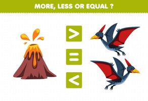 Education game for children more less or equal count the amount of cute cartoon prehistoric dinosaur pteranodon and volcano vector