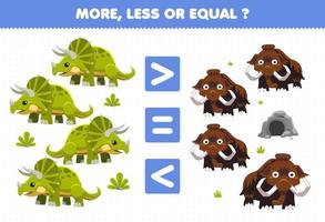 Education game for children more less or equal count the amount of cute cartoon prehistoric dinosaur triceratops and mammoth vector