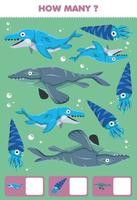 Education game for children searching and counting activity for preschool how many cartoon prehistoric water dinosaur mosasaurus tylosaurus vector