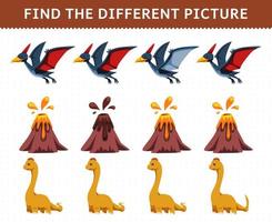 juego educativo para niños encuentra la imagen diferente en cada fila dibujos animados dinosaurio prehistórico pteranodon volcán brontosaurio vector