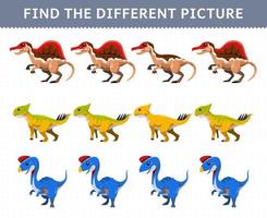 juego educativo para niños encuentra la imagen diferente en cada fila dibujos animados dinosaurio prehistórico spinosaurus leptoceratops oviraptor vector