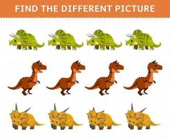 juego educativo para niños encuentra la imagen diferente en cada fila dibujos animados dinosaurio prehistórico triceratops carnotaurus xenoceratops vector