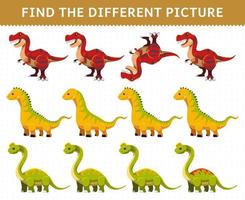 Education game for children find the different picture in each row cartoon prehistoric dinosaur tyrannosaurus isisaurus ultrasaurus vector