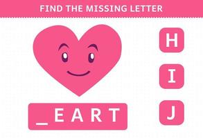 Education game for children find missing letter cartoon geometric shape heart worksheet vector