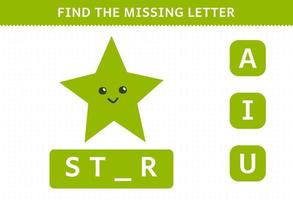 Education game for children find missing letter cartoon geometric shape star worksheet vector