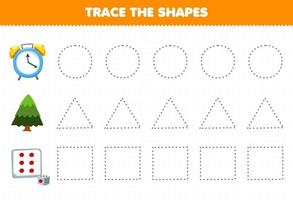 Education game for children trace the shapes square dice triangle tree circle clock printable worksheet vector