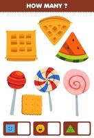 Education game for children searching and counting how many objects like geometric shape square circle triangle cartoon biscuit candy waffle watermelon slice vector