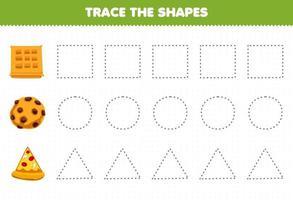 Education game for children trace the shapes square waffle triangle pizza slice circle cookie printable worksheet vector