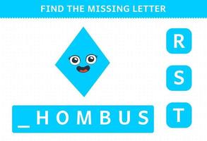 Education game for children find missing letter cartoon geometric shape rhombus worksheet vector