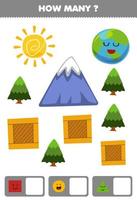 juego educativo para niños buscando y contando cuántos objetos como forma geométrica cuadrado círculo triángulo dibujos animados sol planeta tierra árbol caja de madera vector