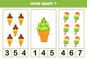 Education game for children counting how many cartoon food ice cream popsicle vector