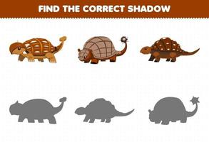 Education game for children find the correct shadow set of cute cartoon prehistoric hard skin dinosaur vector