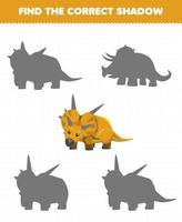 Education game for children find the correct shadow set of cute cartoon prehistoric dinosaur xenoceratops vector