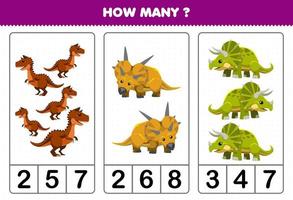 juego educativo para niños contando cuántos lindos dinosaurios prehistóricos de dibujos animados con cuerno vector