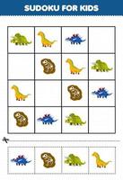 Education game for children sudoku for kids with cute cartoon prehistoric dinosaur triceratops isisaurus fossil picture vector