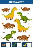 juego educativo para niños buscando y contando actividad para preescolar cuántos dibujos animados dinosaurio prehistórico ankylosaurus isisaurus yangchuanosaurus vector