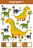 Education game for children searching and counting activity for preschool how many cartoon prehistoric dinosaur isisaurus parasaurolophus gryposaurus vector