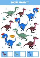 Education game for children searching and counting activity for preschool how many cartoon prehistoric dinosaur oviraptor velociraptor troodon vector