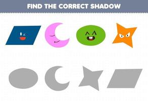 Education game for children find the correct shadow set of cute cartoon geometric shape parallelogram crescent oval star vector