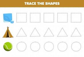 juego educativo para niños trazar las formas cuadrado bloque de hielo triángulo carpa círculo pelota de tenis hoja de trabajo imprimible vector