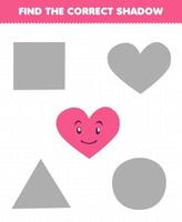 Education game for children find the correct shadow set of cute cartoon geometric shape heart vector