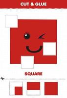 Education game for children cut and glue cut parts of cute cartoon geometric shape square and glue them printable worksheet vector