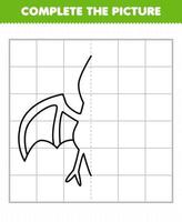 Education game for children complete the picture cute cartoon prehistoric flying dinosaur half outline for drawing vector