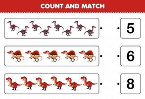 Education game for children count and match count the number of cartoon prehistoric red dinosaur and match with the right numbers printable worksheet vector