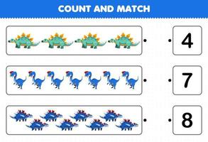 juego educativo para niños contar y combinar contar el número de dinosaurios azules prehistóricos de dibujos animados y combinar con los números correctos hoja de trabajo imprimible vector