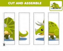 juego educativo para niños, práctica de corte y ensamblaje de rompecabezas con triceratops de dinosaurios prehistóricos de dibujos animados vector