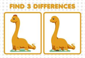 Education game for children find three differences between two cute prehistoric dinosaur brontosaurus vector