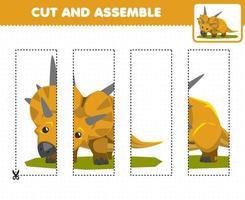 Education game for children cutting practice and assemble puzzle with cartoon prehistoric dinosaur xenoceratops vector