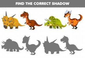 juego educativo para niños encuentra el juego de sombras correcto de lindo dinosaurio prehistórico de dibujos animados con cuerno