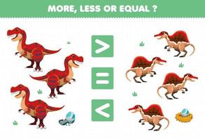 Education game for children more less or equal count the amount of cute cartoon prehistoric dinosaur tyrannosaurus and spinosaurus vector