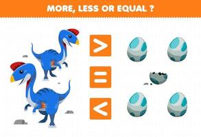 juego educativo para niños más menos o igual contar la cantidad de lindos dibujos animados dinosaurio prehistórico oviraptor y huevo vector
