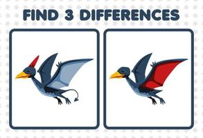 Education game for children find three differences between two cute prehistoric dinosaur pteranodon vector