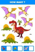 juego educativo para niños buscando y contando actividad para preescolar cuántos dibujos animados dinosaurio prehistórico dimetrodon tyrannosaurus quetzalcoatlus vector